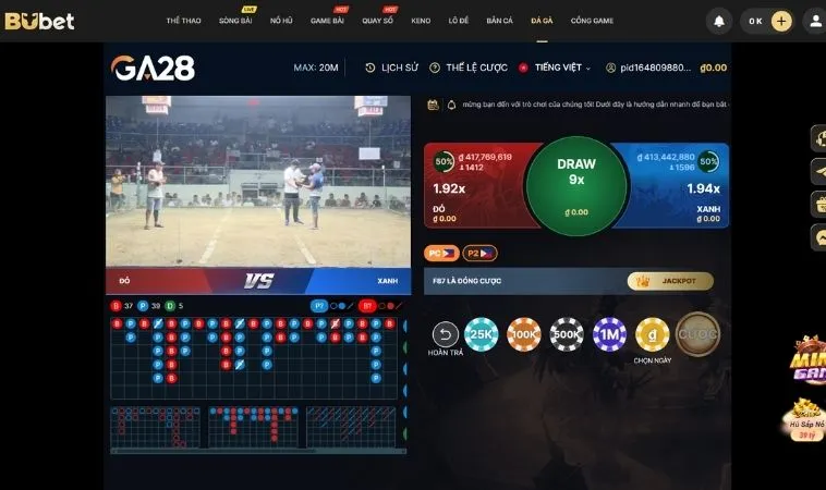 Giao diện đặt cược tại sảnh Đá Gà GA28 tại BuBet